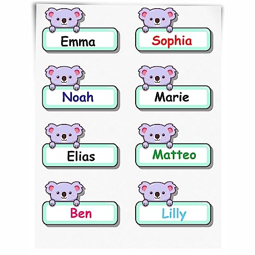 INDIGOS UG - Namensaufkleber Kinde Schule - 48 Sticker - Koala Bär - ca. 50x30mm - Niedliche Tierbabys - Cartoon Aufkleber - individuell personalisiert - Kindergarten Stifte, Federmappe, Lineale