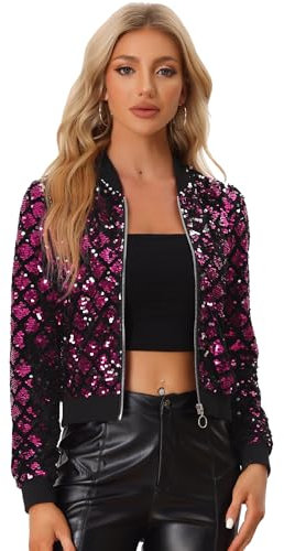 Allegra K Veste Femme Pailletée Style Aviateur à Carreaux Fermeture Éclair Sans Col Pour Fêtes et Soirées Rose Vif M