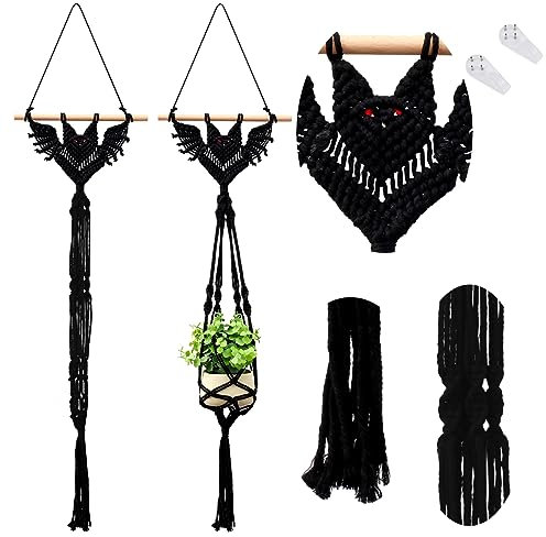 Peryiter 2 Pcs Halloween Bat Macrame Plant Hanger Black Gothic Hanging Plant Holder Decorative Witchy Plant Hanging Basket Hanging Macrame Plant Holder for Flower Pot Wall Party Home Decor 39 x 12 in