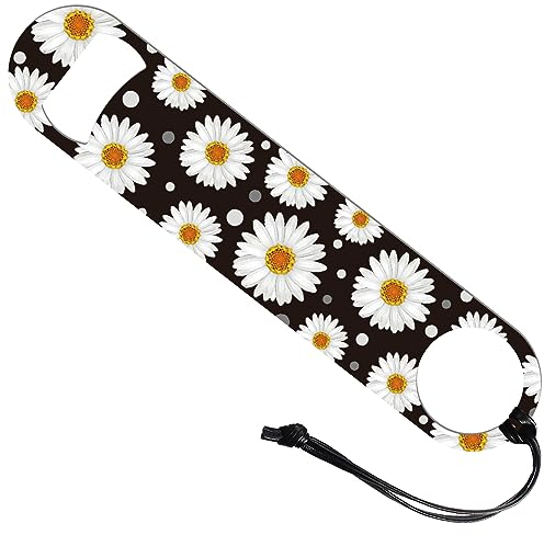 GLOBLELAND Daisy Flower Art Stainless Steel Bottle Opener with PU Leather Cord - Heavy Duty Bar Funny Bartender Opener for Home Kitchen, 7 inch