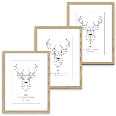 KHG Bilderrahmen 3er Set aus MDF-Holz mit stabilem Glas und Passepartout, zum Aufhängen oder Hinstellen, Ideal für Portraits, Urkunden, Poster - Eiche, 30x40 cm