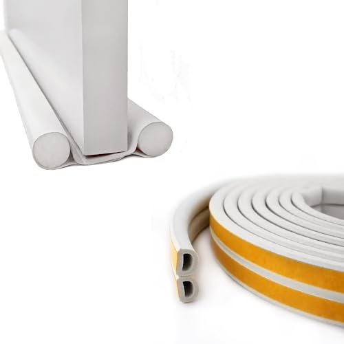 Set con un burlete para puerta de entrada e interior y un rollo de cinta de sellado. Aislante térmico para frío y calor, aire, mitiga la transmisión de ruido y la propagación de olores (Blanco)