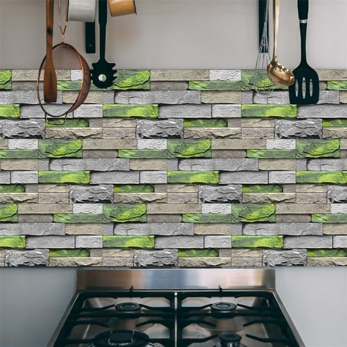 Fliesenaufkleber 15x30 cm Grüne Graue Ziegelsteine Klebefliesen Küchenrückwand Folie Selbstklebende Fliesen Fliesenaufkleber Küche Badezimmer Fliesenfolie Vinyl Selbstklebend Wasserdicht