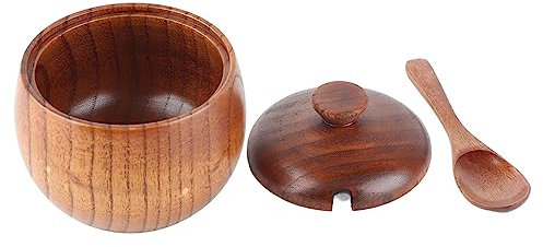 Leopacat Pot A Sel, Boite The Vrac à Épices en Bois Massif Bol Sucre avec Couvercle D'assaisonnement Naturel Vintage Porte Cuillère et pour Servir Poivre Cuisine Restaurant Hôtel
