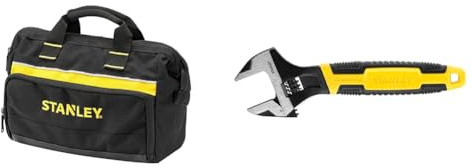 STANLEY Tool Bag 30 x 25 x 13 cm in Resistant 600 x 600 Denier with 8 Interior 2 Exterior Pockets & MAXSTEEL Adjustable Wrench 30 x 200 mm Protective Phosphate Finish and Ergonomic