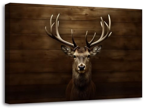 LZIMU Hirsch Leinwandbilder braunes Elchkopf Poster Wildtier Tierbild Jagddrucke Vintage rustikale Bauernhaus Dekoration Gerahmt(Bild-2, (30.00 x 45.00 cms))