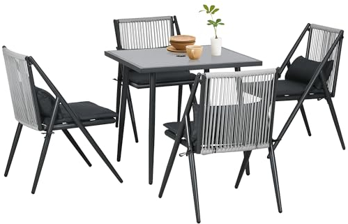 Outsunny Salon de Jardin extérieur en Aluminium Ensemble de Jardin 4 Chaise et 1 Table Salon de Jardin 5 pièces avec Coussins Plateau en Verre trempé Dossier à Corde décorative Gris foncé