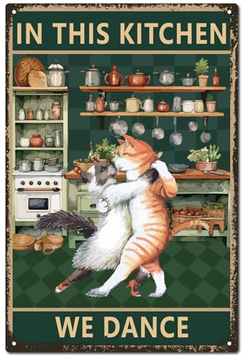 CREATCABIN Cartel Vintage Metal Retro con Diseño Gato,Placa Pintura Cocina,Cartel Hierro para Decoración Pared,Cartel Colgante para Sala Estar,Regalo Gato Amor,30x20cm,We Dance In The Kitchen