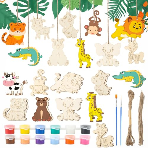 30 Stück Tiere Holz Bastelset, Holztiere zum Bemalen mit 12 Pigment und 10m Hanfseil, 2 Pinsel, Tier Bastelset für Kinder, Holz zum Basteln, Tier zum Bemalen für DIY Kinder Malen Dekoration