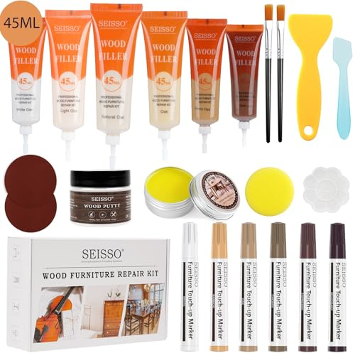 SEISSO 21Pcs with 45ML Wood Filler Wood Furniture Repair Set, Furniture Repair Set with White Wood Putty, Wax Oil, Repair, Floor Scratch Repair kit for Restoring Scratches, Stains, Cracks, Hole
