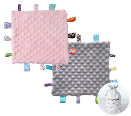 CREVENT Label-Schmusedecke für Babys, weiches, kleines Labeltuch für Jungen und Mädchen, sensorische Babydecke, tolles Geschenk für Geburtstag, Babyparty, 25,4 x 25,4 cm, Rosa und Grau