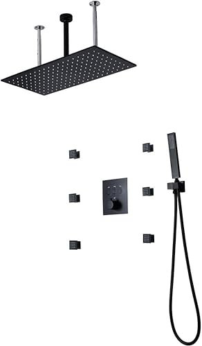 DSeenLeap Ducha Termostática Clásica De Latón LED con Rociador De 6 Cuerpos, Baño Montado En El Techo 595 * 300 Mm Juego De Grifos De Ducha Tipo Lluvia De 3 Funciones, Negro