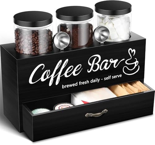 Skybooly 3 Pcs Coffee Canister Set with Shelf and Spoon Plastic Coffee Bean Storage Container with Lids Coffee Storage Box with Drawer Food Storage Jars for Coffee Bar Kitchen (Black)