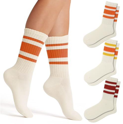 Fszsaa Fun Novelty Retro Striped Crew Socks For Women Sporty Calf Casual Cotton Tube Socks Women, 3pack-funny Striped Crew Socks Orange Series, One size