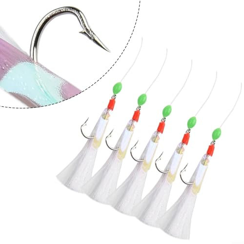 5pcs Pack Sabiki Soft Fishing Lure Rigs Bait Jigs Lure Feather Herring Bait, High Carbon Steel Hooks, Red Heads with White Foil Flash, for Deep Sea Fishing
