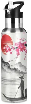 Yopersonalizes Bouteille d'eau isotherme avec paille - 600 ml - Peinture traditionnelle japonaise - En acier inoxydable - Étanche - Pour le sport et le sport - Pour voyage, salle de sport