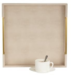 Sagala 16”x16 Ivory Shagreen Leather Serving Tray with Brushed Gold Handles, Wooden Decorative Tray for Ottoman Coffee Table Bathroom Vanity Buffet (Ivory-Gold, Square 16)