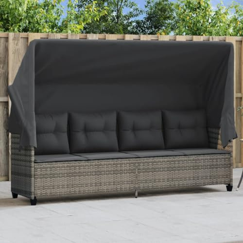 IKAYAA Garten Liege, Relax Sonnenliege, Liege Garten, Balkon Liege, Strandkorb, Liegestuhl, Garten Liegestuhl, Sonnenliege mit Dach und Kissen Grau Poly Rattan