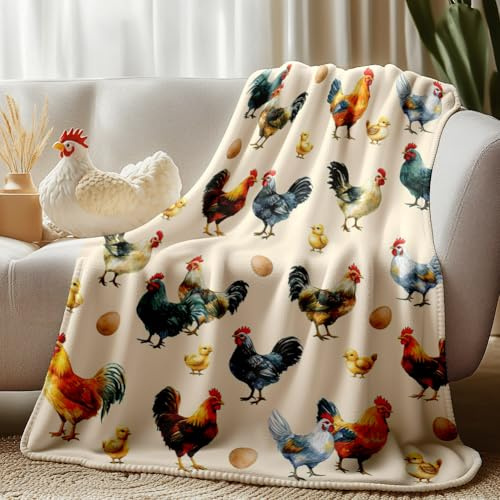 WADORN Decke Mit Hühner Print Lustige Flanell Plüsch Überwurfdecke Mit Hahn Im Bauernhaus Stil Weich Bunt Hühner/Hahn Tierdecke Geschenke Für Bett Stuhl Couch Zuhause Büro Auto