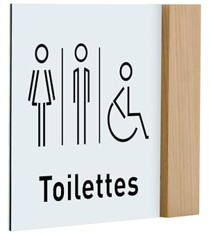Signalétique en Drapeau pour Toilettes, femme, homme et personne à mobilité réduite, Bois et panneau gravé laser (Panneau blanc pictogramme noir)