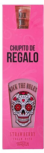 KICK THE RULES - PACK CREMA DE FRESA CON TEQUILA CON CHUPITO CALAVERA PREMIUM DE REGALO - BOTELLA DE 700mL - ESTUCHE DE REGALO