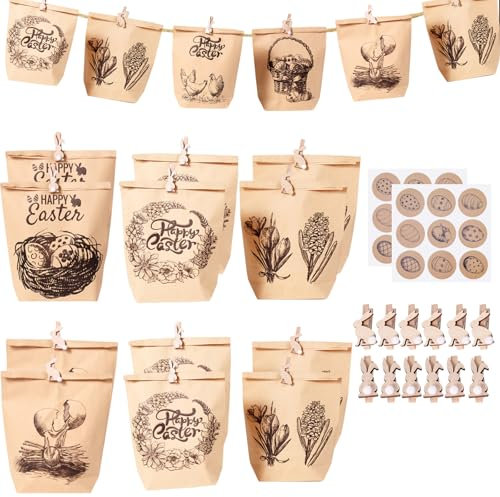 Sfoni 12 Stück Ostertüten zum Befüllen Ostern Geschenktüten Set mit 12 Hase Holzklammern und 18 Aufkleber Papiertüten Ostern für Osternest zum Basteln und Verschenken