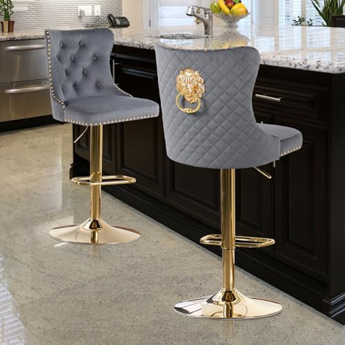 Chummaven Samt Barhocker 2er Set Barstuhl Moderne Tresenhocker Drehbar Küchenhocker mit Löwenklopfer und Nietenrand Gepolsterte Höhenverstellbare Barstühle für Hausbar Kücheninsel Grau