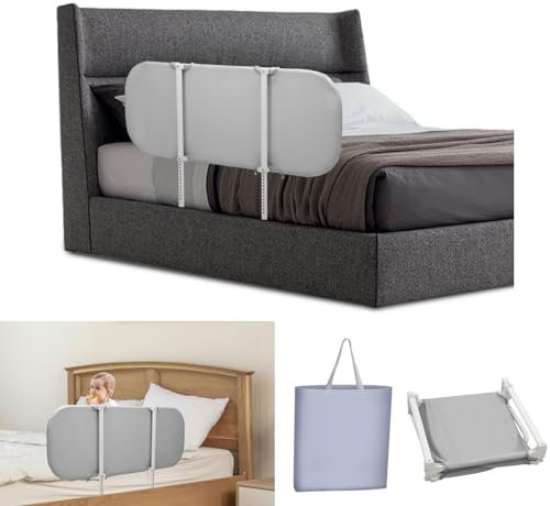 Ollewiellan Barrera para cama de 120 cm, plegable, protección contra caídas para niños, altura regulable, montaje rápido, color gris