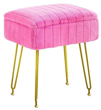 WLIHDB Einzelne Lagerbank Schminkhocker, Stuhl mit Stauraum, Kunstfell-Make-up-Ottomane, multifunktionale Stühle mit Füßen for Make-up-Schlafzimmer Für Haus Lagerung(Rose Red)