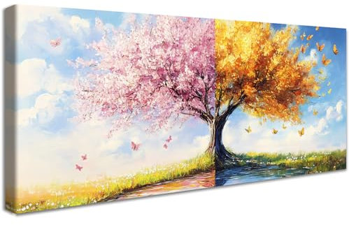 Mit Rahmen Groß Leinwand Bilder Rosa Kirsche Baum Schmetterlinge Leinwandbilder Bild auf Leinwand Malerei Gelber Herbst Lebensbaum Bild Wandbilder Heim Wohnzimmer Schlafzimmer Wanddekoration 50x120cm