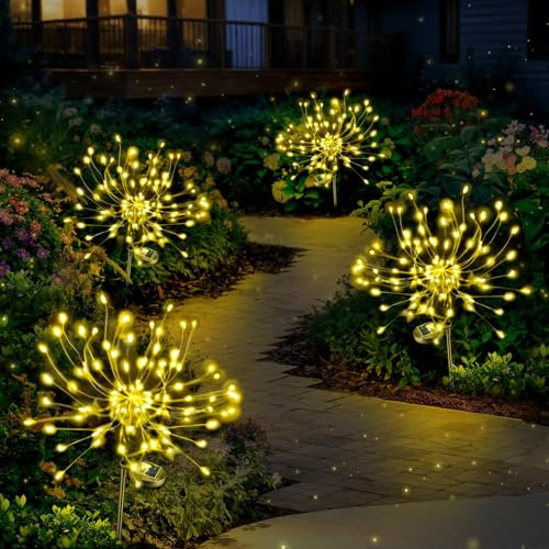 Anordsem Solar Lights Outdoor Garden: Christmas Decorations Fairy Light Waterproof for Outside - Solar Powered Fireworks 120 LED Lamp Gift for Patio Yard Party Pathway Lawn Decorativ [4 Pack]