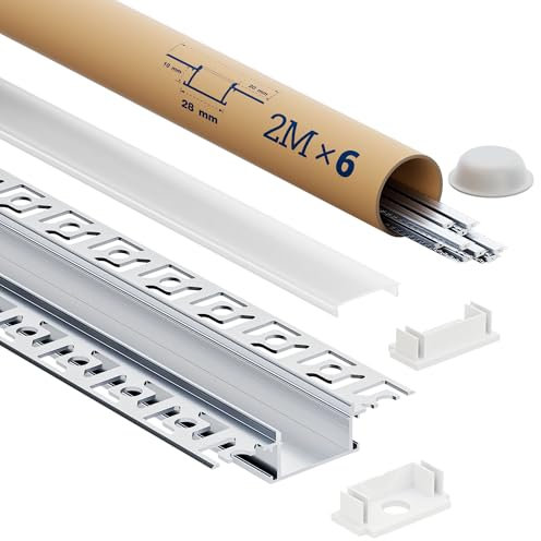 Profilé LED 2m en Aluminium encastrable placo, Lot de 6 Rails LED avec Diffuseur | Pour Rubans LED jusqu’à 20mm, Dimensions 64.2 × 13.8mm, Inclus embouts, vis et clips de montage (SA01, 2M 6 pièces)
