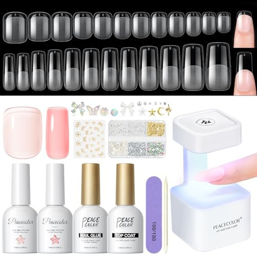 PEACECOLOR Nail Tips and Glue Gel Kit: 240Pcs Clear Short Medium Square Nails with Portable U V Lamp, Nail Glue Pink Nude Jelly Gel Polish Press On Nail Acrylic Extension Set Tools Gifts for Women