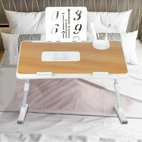 XUANYU Laptoptisch mit Winkelverstellbare Tischplatte, Kleinen Schublade, Beleuchtung, Laptopständer/Frühstückstablett Klappbar, Höhenverstellbar Laptop Tisch, Holz 60 * 40*(22-39) cm