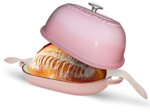 Cast Iron Dutch Oven,6 QT Bread Oven,Thick Enameled Loaf Pan with Lid,Bread Pans for Homemade Bread,14.5Dutch Oven for Bread Baking,Loaf Pans-with Silicone Baking Mat&Recipe,Gifts for Family,Pink