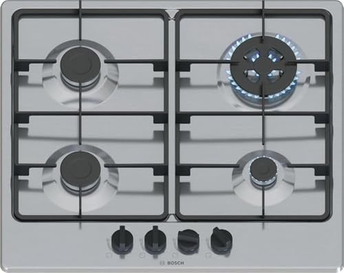 Bosch PGH6B5K60 Serie 4 Cocina de gas 60 cm 4 quemadores Acero inoxidable | Cocina de gas con control preciso de la llama, parrillas aptas para lavavajillas, wok, fabricado en Europa
