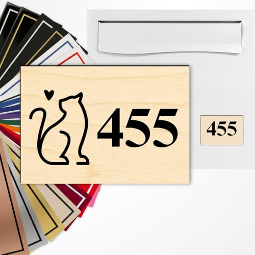 Numéro de boîte aux lettres personnalisé – 3 tailles – Gravure laser – 22 couleurs – Avec ou sans motif (Imitation bois clair texte noir)