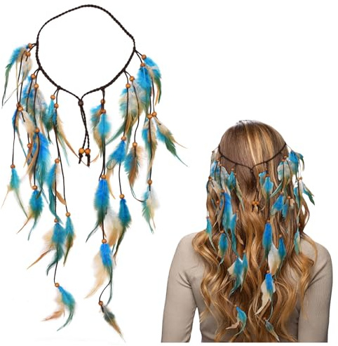 NiceYnn Serre-Tête Indien Femme Bandeau Tribal Ajustable Bleu | en Plumes Coiffure Accessoire pour Cheveux Vintage Cosplay Halloween Carnaval