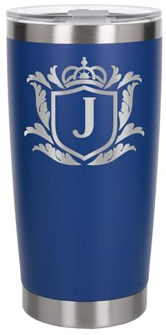 Customised Gifts 500ml Engraved Shield Initial Monogram Insulated Personalised Dark Blue Travel Mug for Men and Women - Personalised Initial Coffee Travel Mug for Hot and Cold Beverages, Letter J