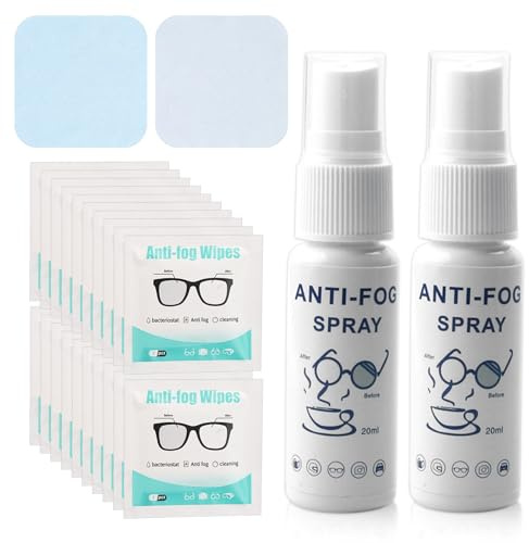 Meunhy 2Pcs Anti-Fog Spray for Glasses, Anti-Fog Spray Kit, Includes 2Pcs Suede Cloths and 20Pcs Lens Cleaning Wipes, for Eyeglasses, Screens, Camera Lenses, Swimming Goggles, and Car Windows