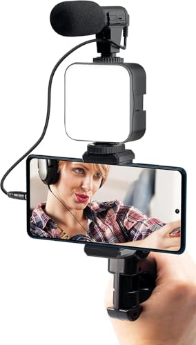 SQUADO Kit Vlogging Professionale, Treppiede con Supporto Smartphone, Luce Video LED, Microfono, Telecomando Bluetooth per TikTok e Streaming