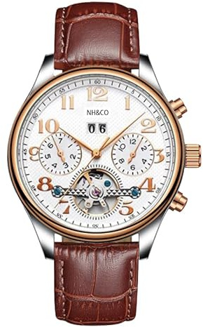 OBLVLO NHCO Herren Luxus Uhr Kompletter Kalender Automatik Armbanduhr mit Tourbillon Display Braun Lederband Mechanische Uhr