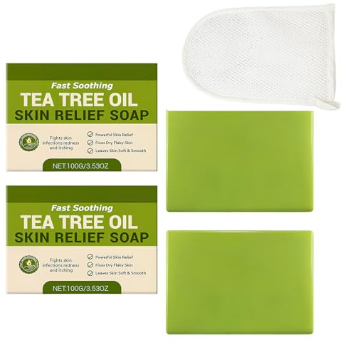 Rudfovn 3 Pcs Antibacterial Soaps Bar, Tea Tree Soap with Scrub Glove for Hand, Face, Skin, Body