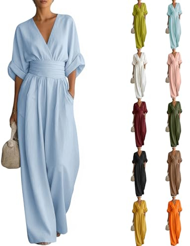 EMUKFD Womens Linen Blend Jumpsuit Summer Elegant Lightweight Short Sleeve V Neck High Waist Romper Playsuit with Pockets Plain Casual Wide Leg All In One Jumpsuits Ladies Comfy Holiday formal Outfits