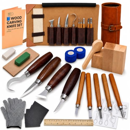 Wood Whittling Kit for Beginners, Complete Wood Carving Kit | with Wood Blocks, Spoon Blank, Carving Tools, Safety Gloves, Sharpening Strop and Leather Storage Roll