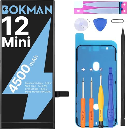 bokman Akku für iPhone 12 Mini 4500 mAh | Hohe Kapazität Lithium-Polymer-Polymer-Akku mit Allen Werkzeugsets, Kompatibel mit A2176, A2398, A2399, A2400