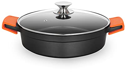 Orbegozo CDB 1028 Cacerola Baja Aluminio Fundido, Superficie Antiadherente Libre de PFOA, 4.2 L, Tapa, Asas de Silicona