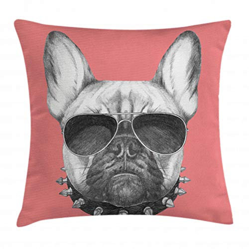 ABAKUHAUS Bulldogge Kissenbezug, Hundeskizze Sonnenbrillen, Seitenschläferkissenhülle ohne Kissen mit Reißverschluss und Beitseitigem Druck Waschbar, 60 x 60 cm, Schwarz Grau