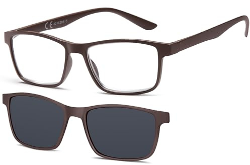 NEW VISION Lesebrille, Brille mit magnetischem Clip für Sonnenbrille, 100% UVA- und UVB-Schutz, NV8126 Clip-On-Lesebrille für Damen und Herren (marrone, 2, x)