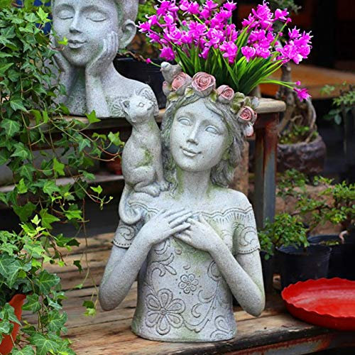 zenggp Home Garden Art Flower Planter Head Vase Decor Girl And Cat Flower Pot Succulent Plant Pot,Girl